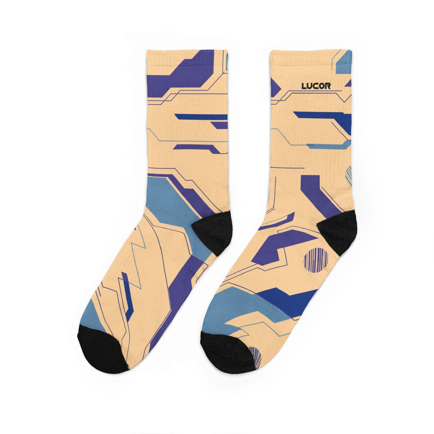 Tech Geometric Padded Crew Socks — Peach & Blue Cushioned Crew