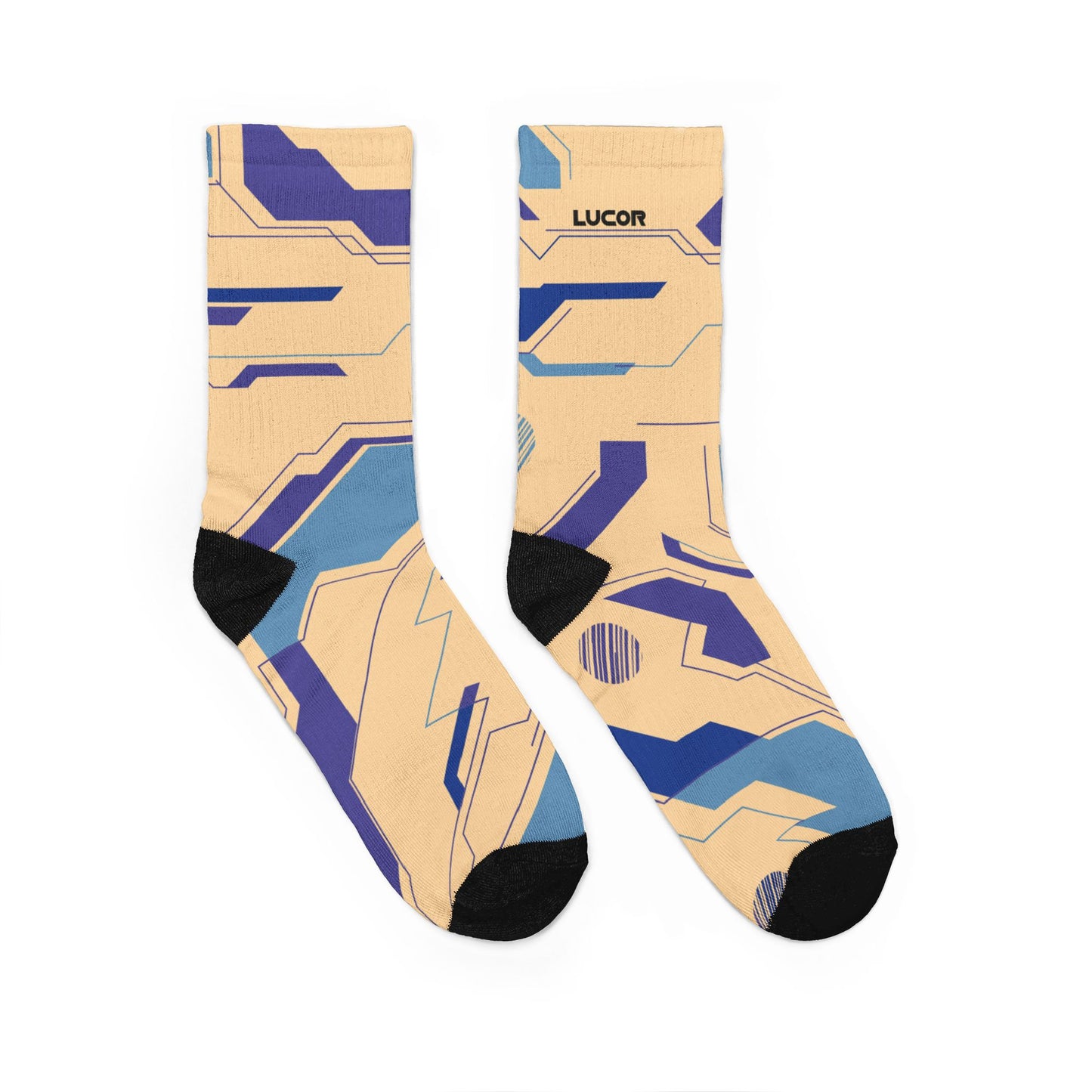 Geometric Tech Crew Socks — Blue & Beige Patterned Padded Socks